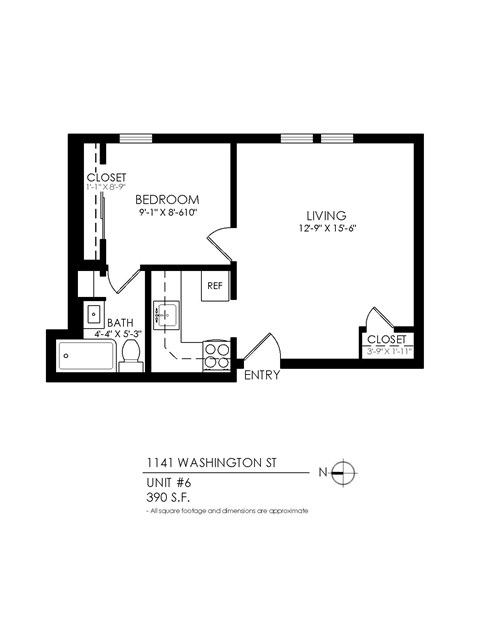 A black and white image of a floor plan for an apartment at 1141 Washington St, Unit #6, 390 S.F.